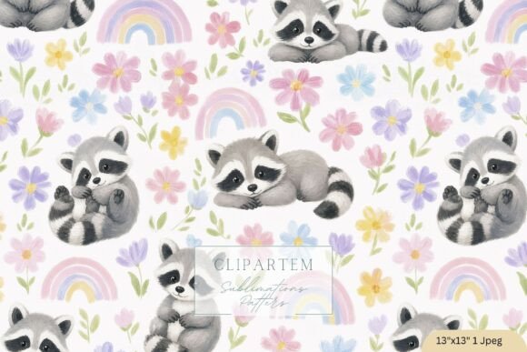 Baby Raccoon Pastel Rainbow Floral Cute Design